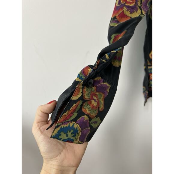 Coldwater Creek Silk Blouse Top Shirt Button Black Floral Medium Long Sleeve - Picture 3 of 10